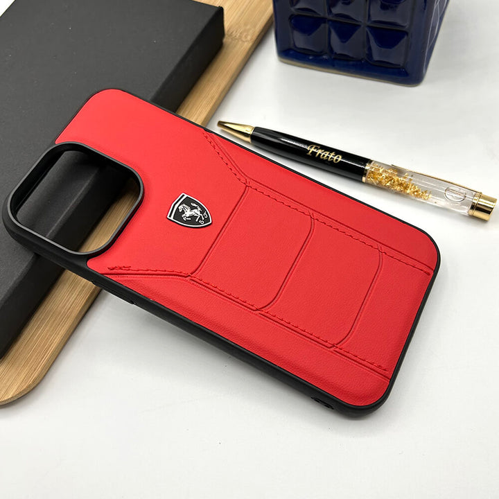 Ferrari Sports Car Logo Side Stitch Leather iPhone Cover Red