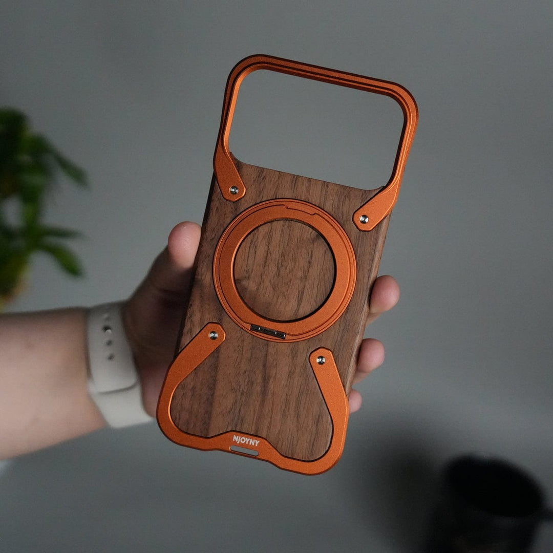 FRATO Aeroflex Metal 17 Pro Max / Orange iPhone 17 Series Frameless Wooden Aluminium Case | Premium Metal Rotating Stand | Shockproof Luxury Wood Back Cover