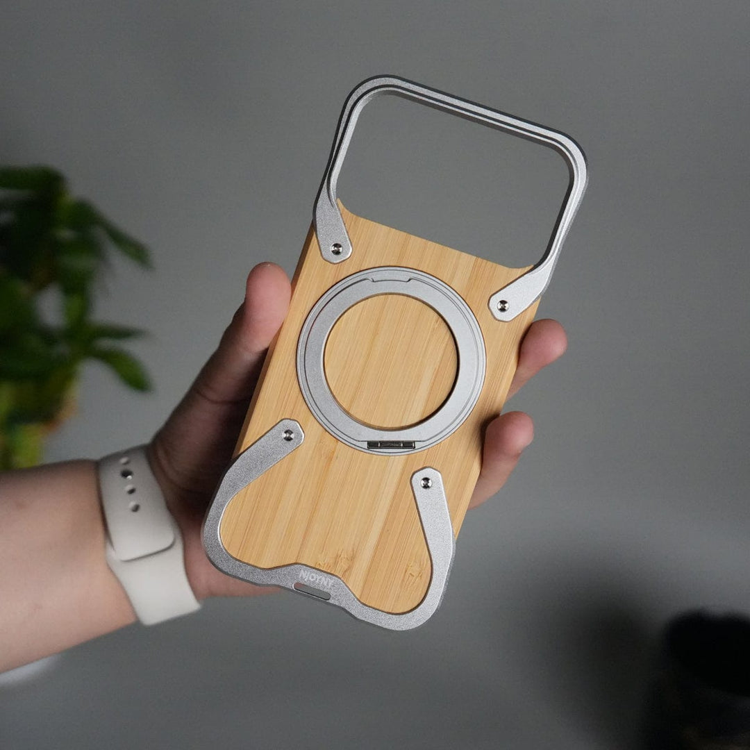 FRATO Aeroflex Metal 17 Pro Max / Silver iPhone 17 Series Frameless Wooden Aluminium Case | Premium Metal Rotating Stand | Shockproof Luxury Wood Back Cover