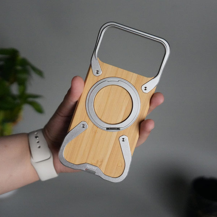 FRATO Aeroflex Metal 17 Pro Max / Silver iPhone 17 Series Frameless Wooden Aluminium Case | Premium Metal Rotating Stand | Shockproof Luxury Wood Back Cover