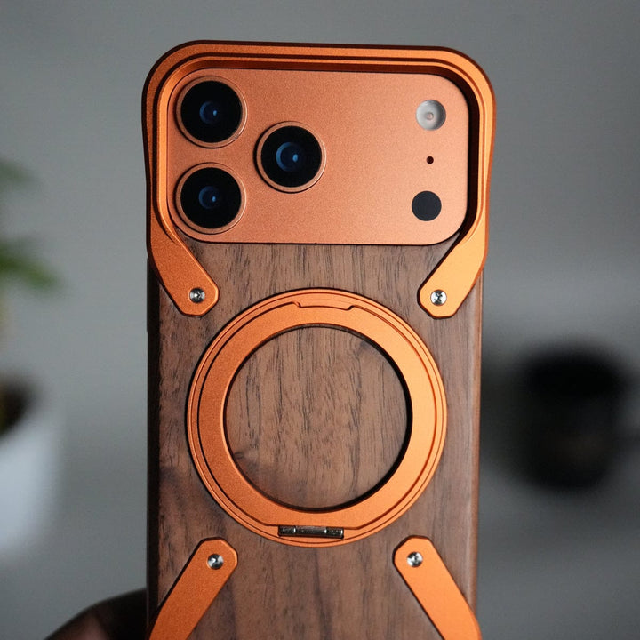 FRATO Aeroflex Metal 17 Pro / Orange iPhone 17 Series Frameless Wooden Aluminium Case | Premium Metal Rotating Stand | Shockproof Luxury Wood Back Cover