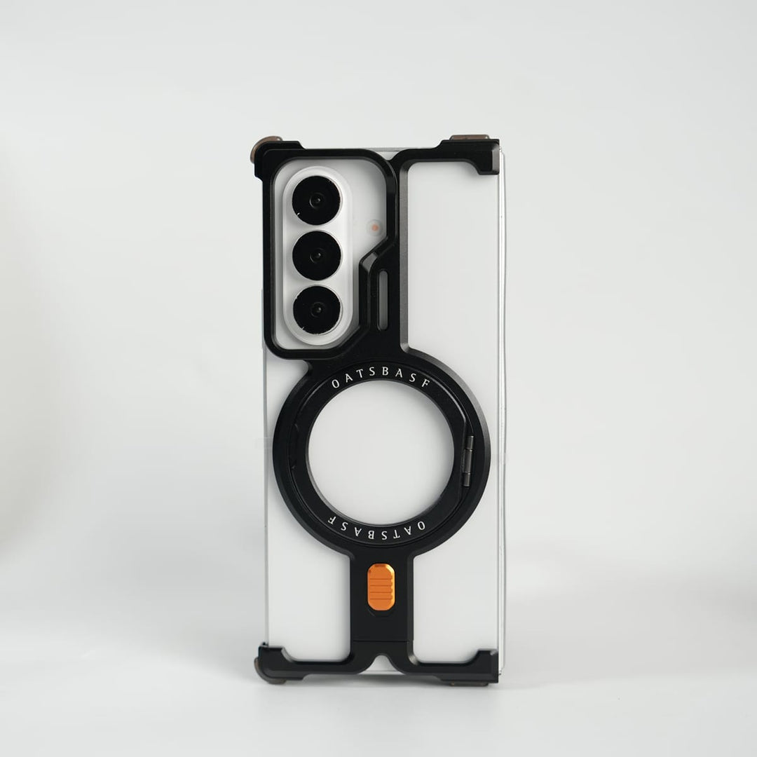 FRATO Aeroflex Metal Black Galaxy Fold 7 Metal Frameless Bumper Case With Rotating Stand