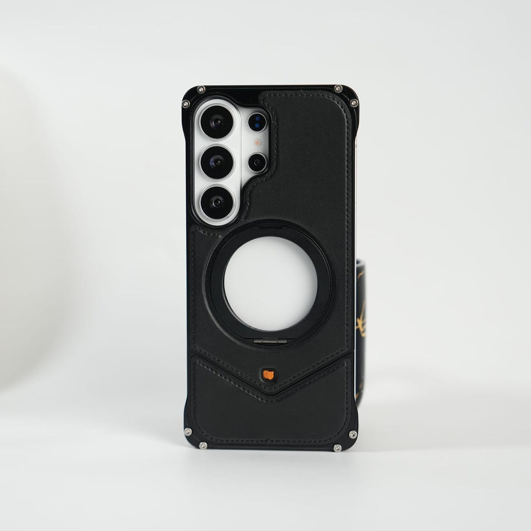 FRATO Aeroflex Metal Black Galaxy S26 Ultra Premium Leather Aluminium Metal Snap On Rotating Stand case