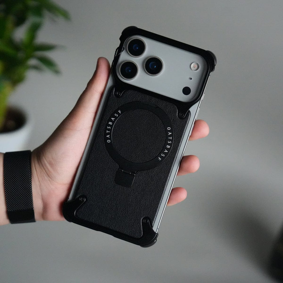 FRATO Aeroflex Metal Black iPhone 17 Pro Max Leather Frameless Metal Kickstand Case