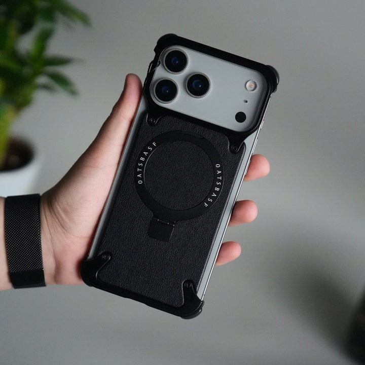 FRATO Aeroflex Metal Black iPhone 17 Pro Max Leather Frameless Metal Kickstand Case