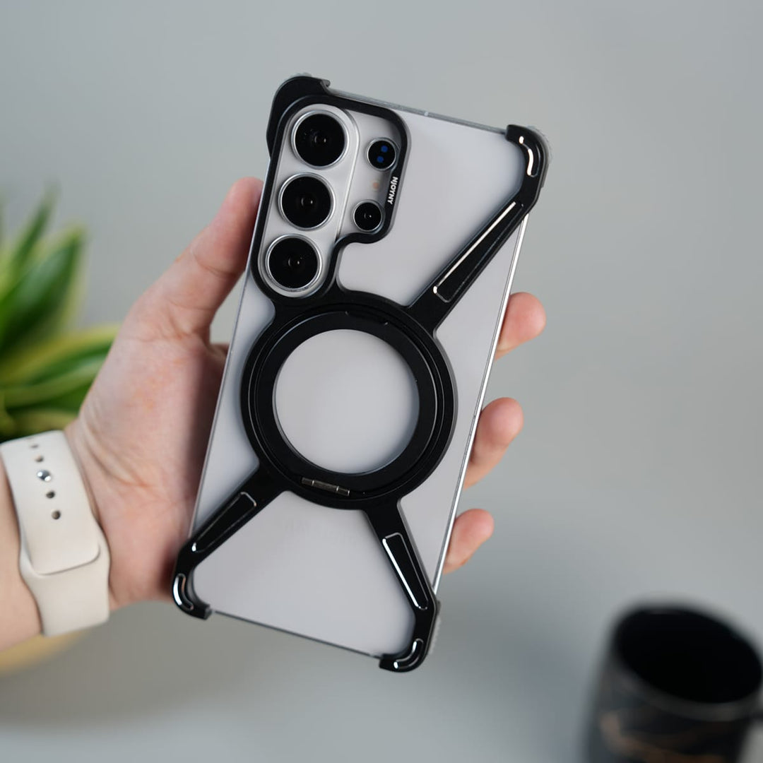 FRATO Aeroflex Metal Black Metal Galaxy S26 Ultra X Shape Aluminum Metal Rotating Kickstand Frameless Design Magsafe Case