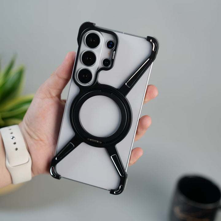 FRATO Aeroflex Metal Black Metal Galaxy S26 Ultra X Shape Aluminum Metal Rotating Kickstand Frameless Design Magsafe Case
