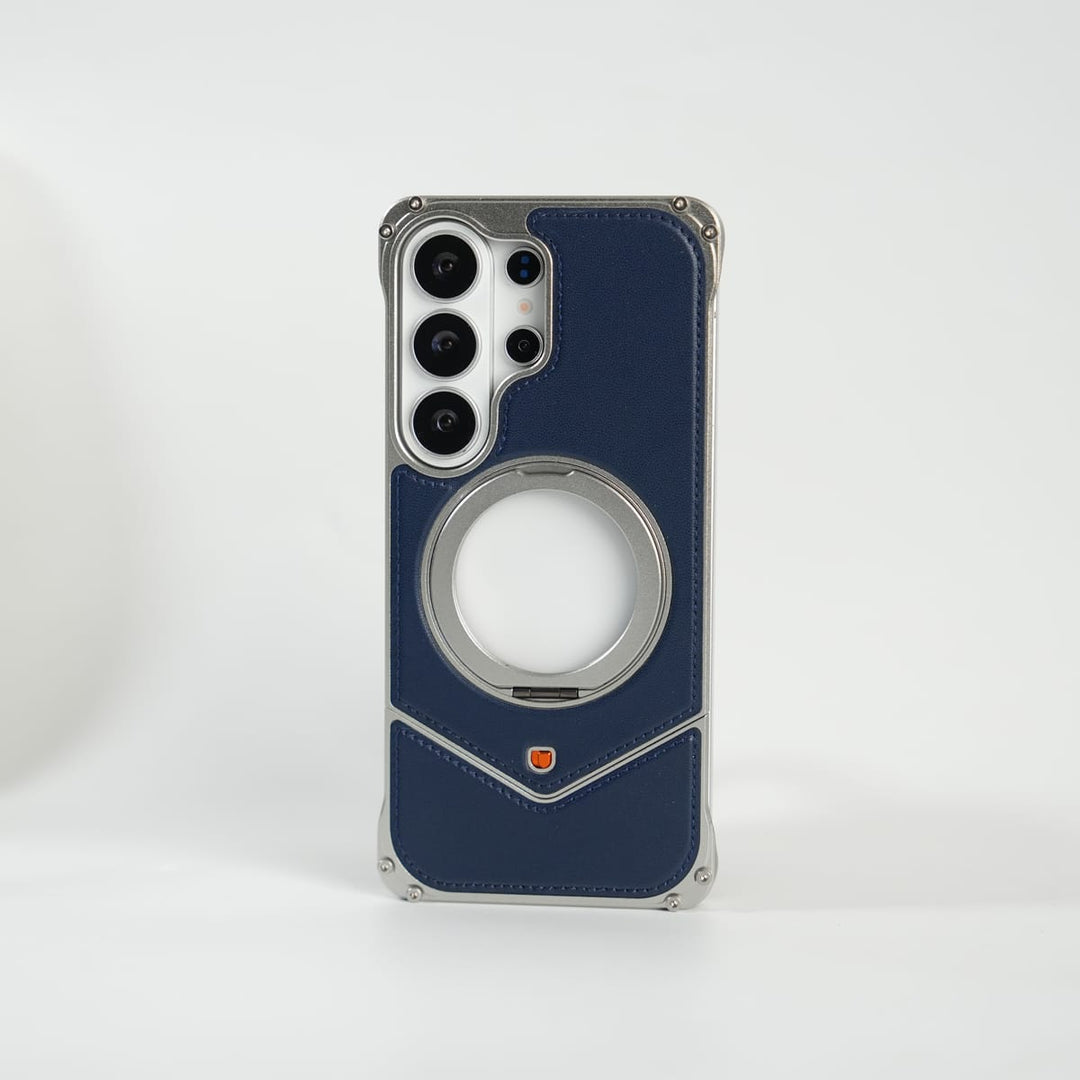 FRATO Aeroflex Metal Blue Galaxy S26 Ultra Premium Leather Aluminium Metal Snap On Rotating Stand case