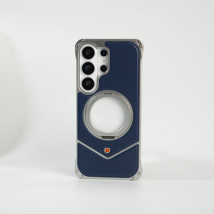 FRATO Aeroflex Metal Blue Galaxy S26 Ultra Premium Leather Aluminium Metal Snap On Rotating Stand case
