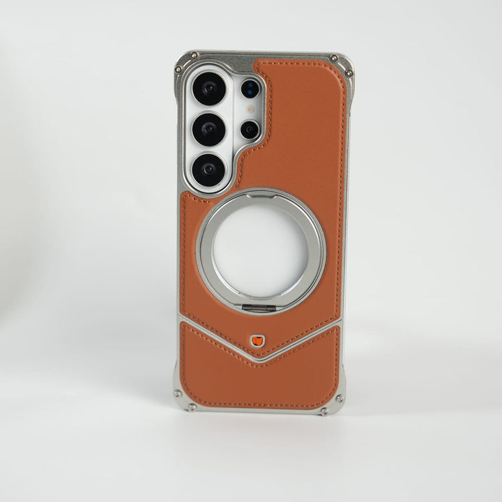 FRATO Aeroflex Metal Brown Galaxy S26 Ultra Premium Leather Aluminium Metal Snap On Rotating Stand case