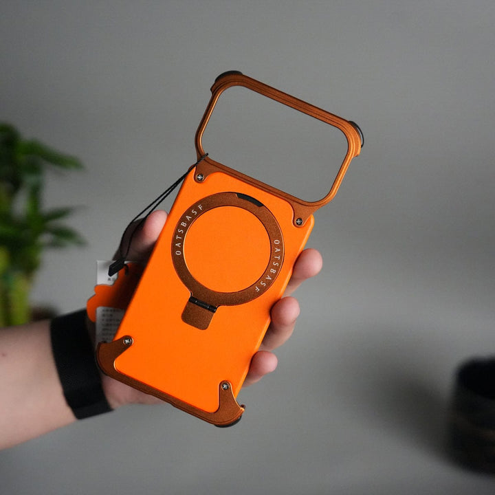 FRATO Aeroflex Metal Cosmic Orange iPhone 17 Pro Max Leather Frameless Metal Kickstand Case
