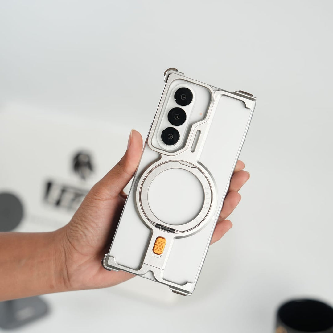 FRATO Aeroflex Metal Galaxy Fold 7 Metal Frameless Bumper Case With Rotating Stand