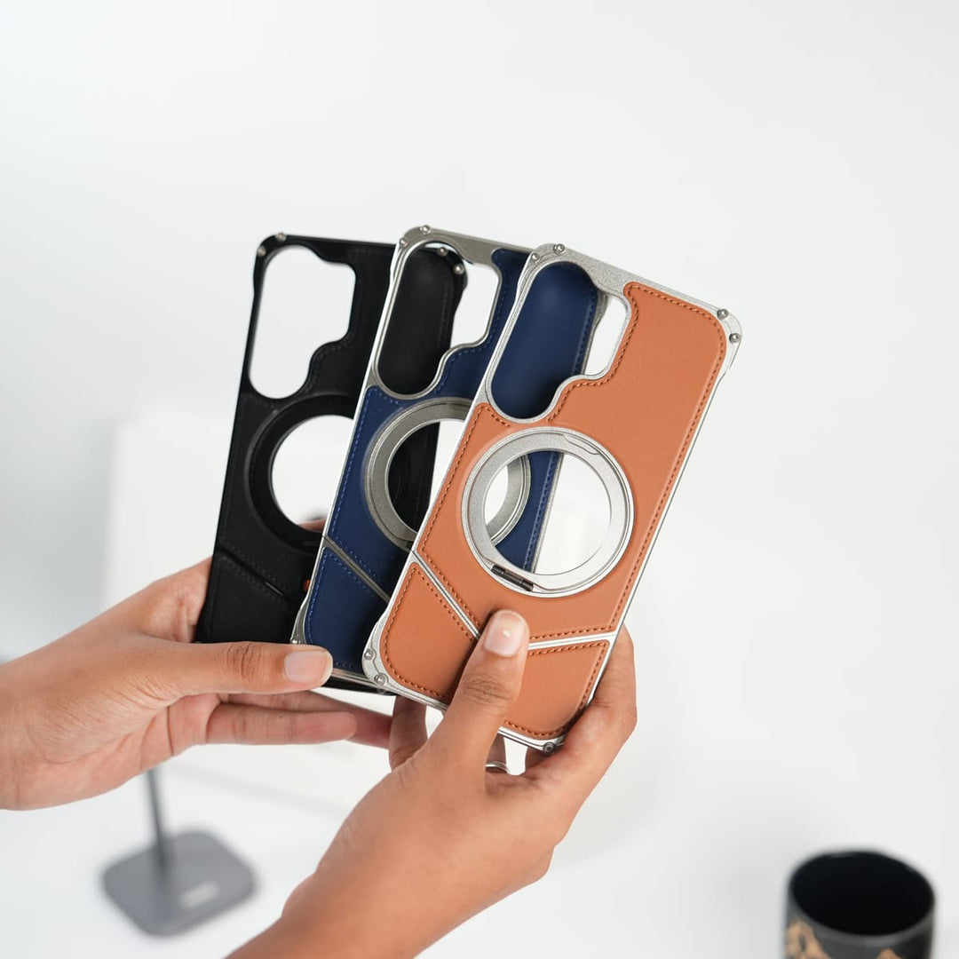 FRATO Aeroflex Metal Galaxy S26 Ultra Premium Leather Aluminium Metal Snap On Rotating Stand case