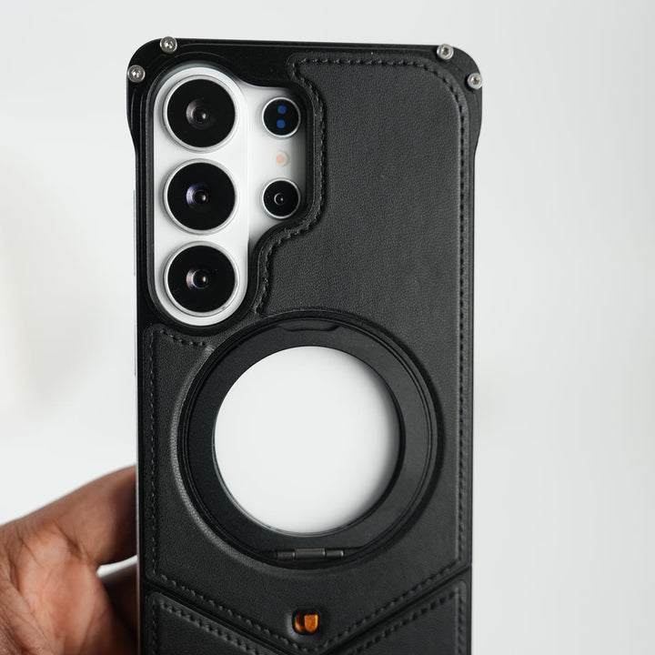 FRATO Aeroflex Metal Galaxy S26 Ultra Premium Leather Aluminium Metal Snap On Rotating Stand case