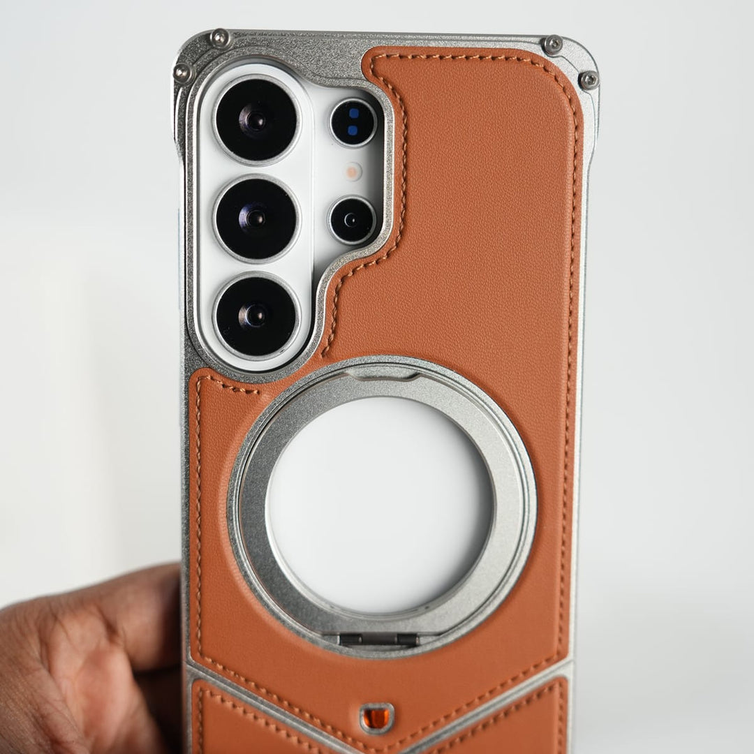FRATO Aeroflex Metal Galaxy S26 Ultra Premium Leather Aluminium Metal Snap On Rotating Stand case