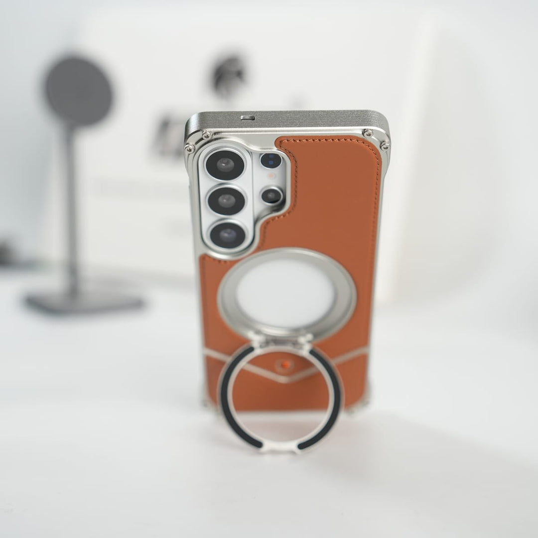 FRATO Aeroflex Metal Galaxy S26 Ultra Premium Leather Aluminium Metal Snap On Rotating Stand case