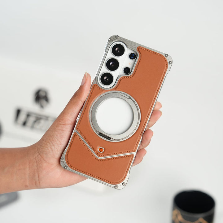 FRATO Aeroflex Metal Galaxy S26 Ultra Premium Leather Aluminium Metal Snap On Rotating Stand case