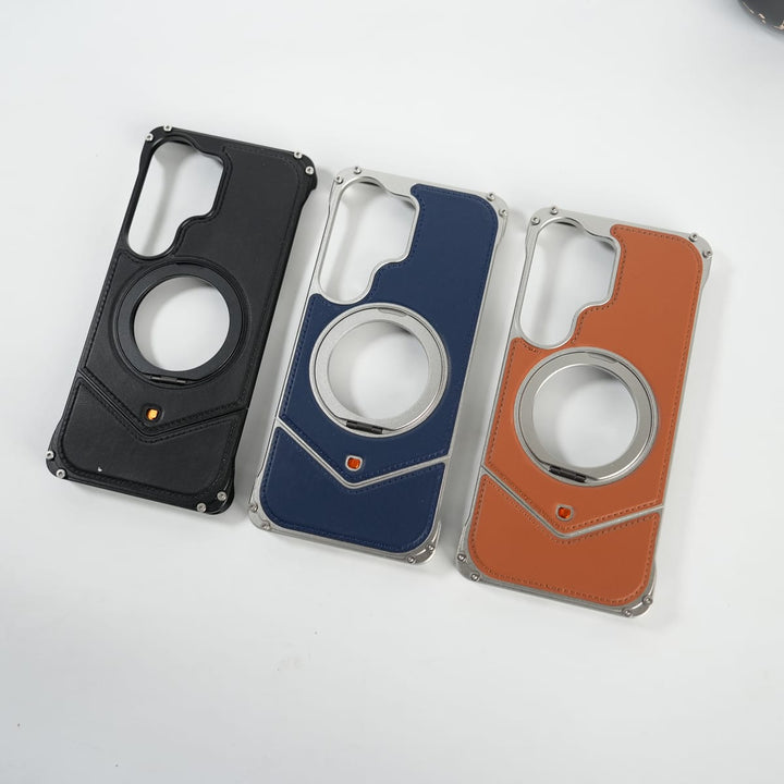 FRATO Aeroflex Metal Galaxy S26 Ultra Premium Leather Aluminium Metal Snap On Rotating Stand case