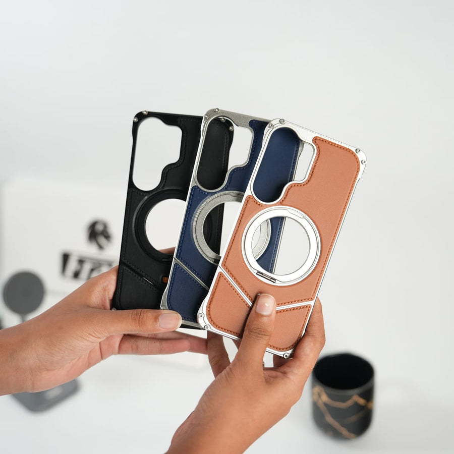 FRATO Aeroflex Metal Galaxy S26 Ultra Premium Leather Aluminium Metal Snap On Rotating Stand case