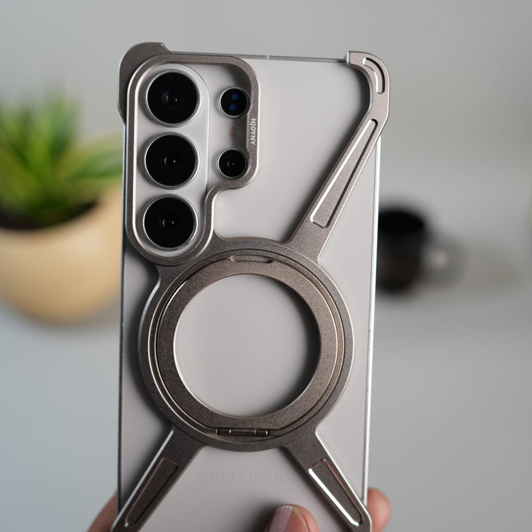 FRATO Aeroflex Metal Galaxy S26 Ultra X Shape Aluminum Metal Rotating Kickstand Frameless Design Magsafe Case