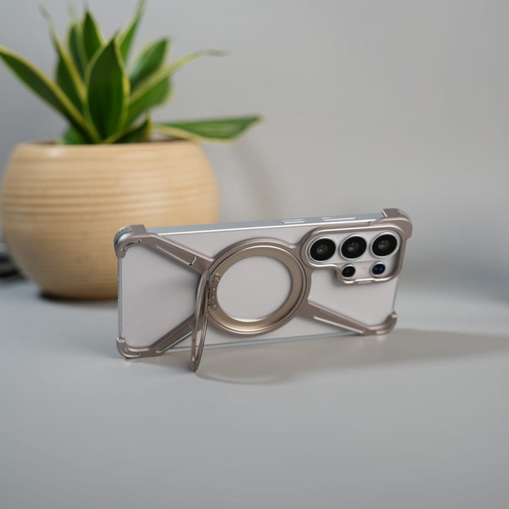FRATO Aeroflex Metal Galaxy S26 Ultra X Shape Aluminum Metal Rotating Kickstand Frameless Design Magsafe Case