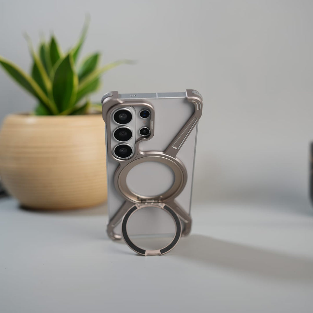 FRATO Aeroflex Metal Galaxy S26 Ultra X Shape Aluminum Metal Rotating Kickstand Frameless Design Magsafe Case