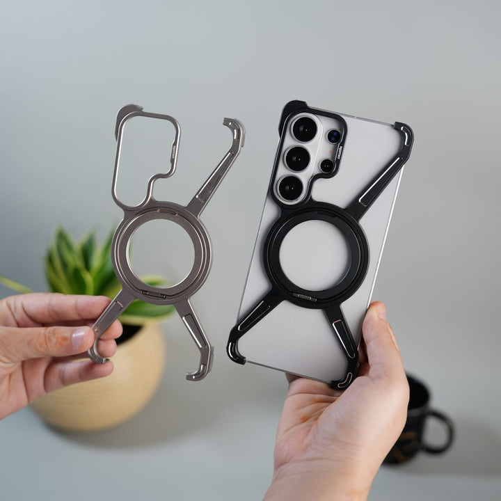 FRATO Aeroflex Metal Galaxy S26 Ultra X Shape Aluminum Metal Rotating Kickstand Frameless Design Magsafe Case