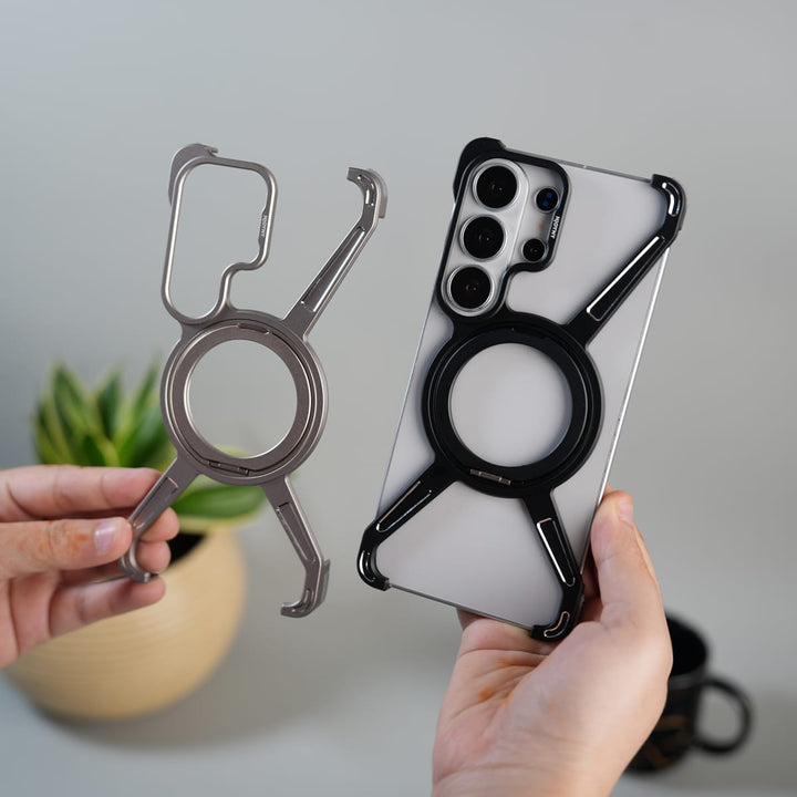 FRATO Aeroflex Metal Galaxy S26 Ultra X Shape Aluminum Metal Rotating Kickstand Frameless Design Magsafe Case