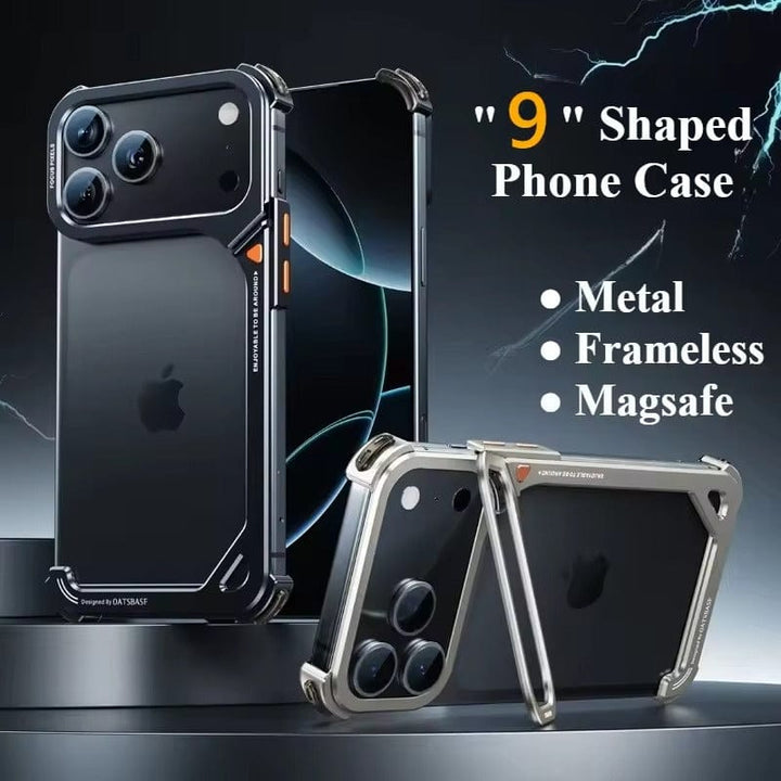 FRATO Aeroflex Metal iPhone 17 Pro max 9-Shaped Frameless Metal Bumper Case with Hidden Lens Stand | Shockproof Aviation-Grade Alloy Frame