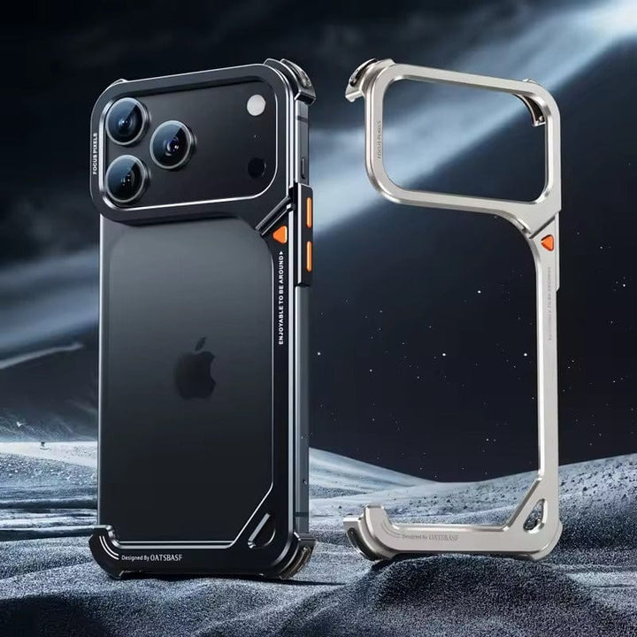FRATO Aeroflex Metal iPhone 17 Pro max 9-Shaped Frameless Metal Bumper Case with Hidden Lens Stand | Shockproof Aviation-Grade Alloy Frame