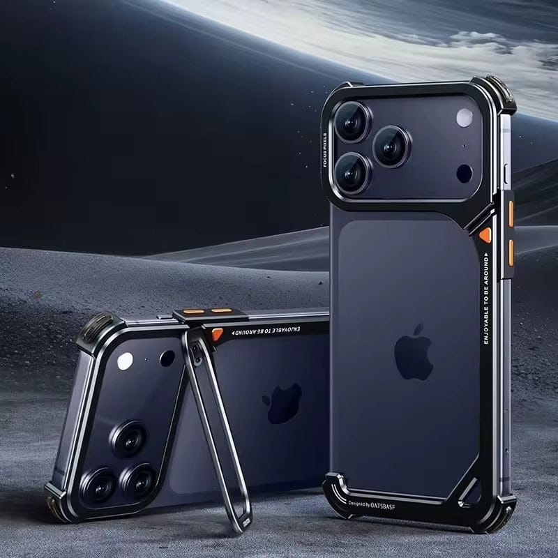 FRATO Aeroflex Metal iPhone 17 Pro max 9-Shaped Frameless Metal Bumper Case with Hidden Lens Stand | Shockproof Aviation-Grade Alloy Frame