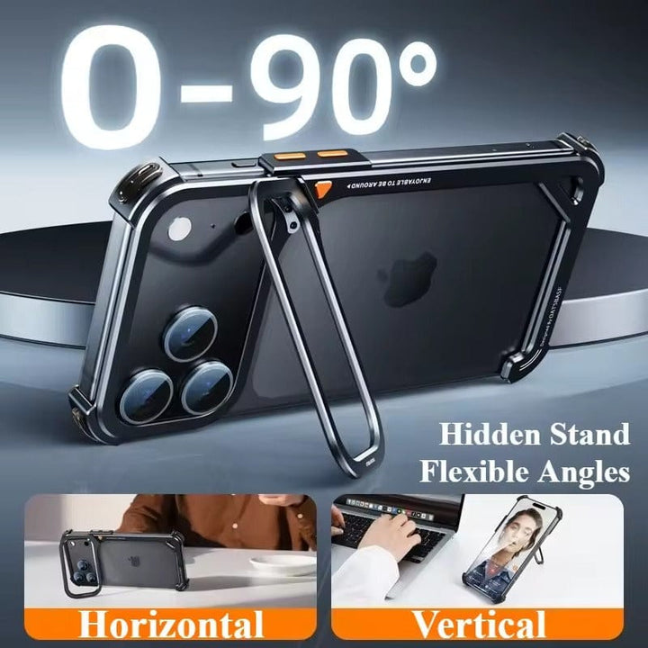 FRATO Aeroflex Metal iPhone 17 Pro max 9-Shaped Frameless Metal Bumper Case with Hidden Lens Stand | Shockproof Aviation-Grade Alloy Frame
