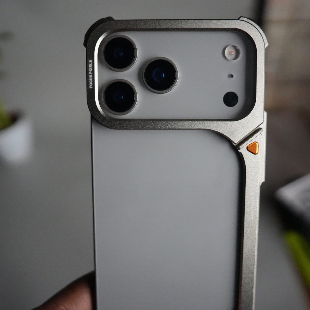 FRATO Aeroflex Metal iPhone 17 Pro max 9-Shaped Frameless Metal Bumper Case with Hidden Lens Stand | Shockproof Aviation-Grade Alloy Frame