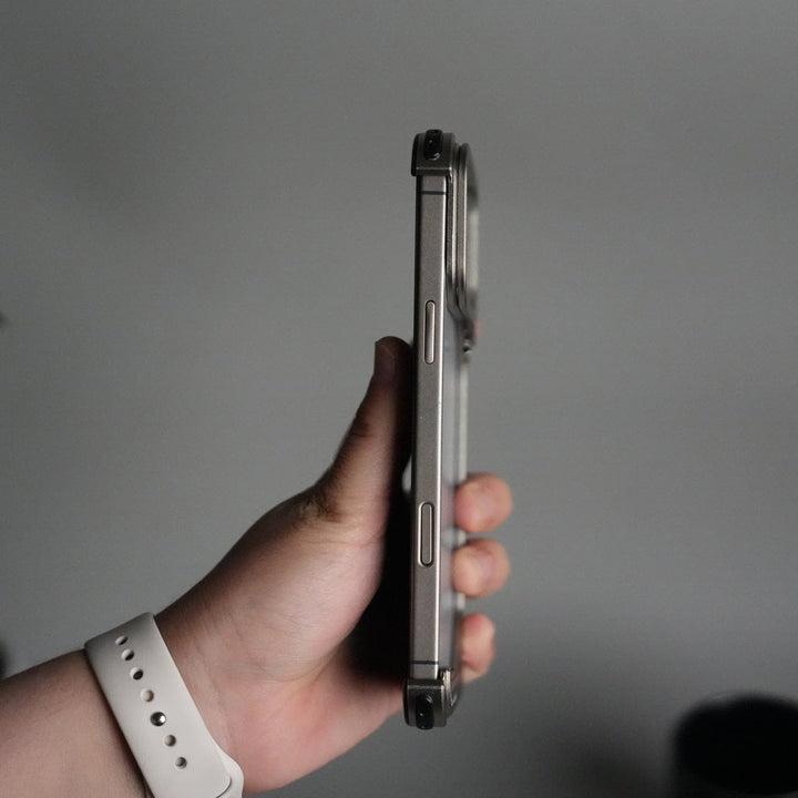 FRATO Aeroflex Metal iPhone 17 Pro max 9-Shaped Frameless Metal Bumper Case with Hidden Lens Stand | Shockproof Aviation-Grade Alloy Frame