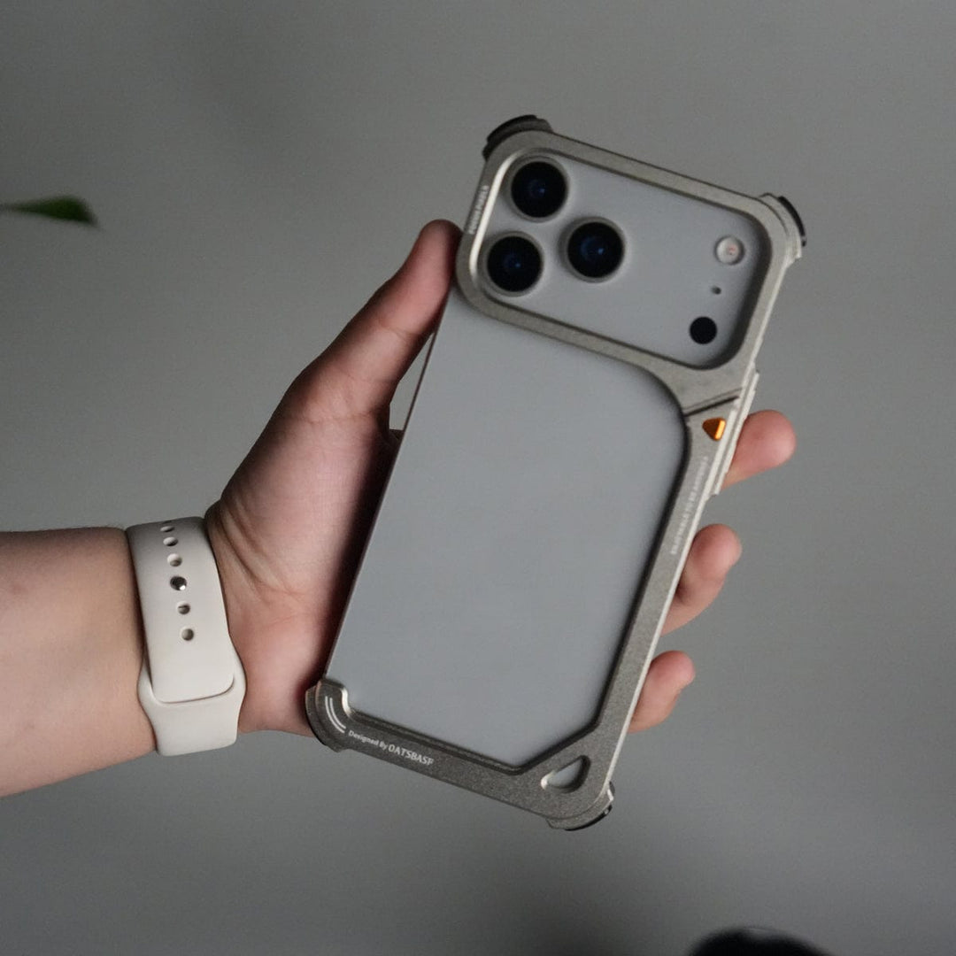 FRATO Aeroflex Metal iPhone 17 Pro max 9-Shaped Frameless Metal Bumper Case with Hidden Lens Stand | Shockproof Aviation-Grade Alloy Frame