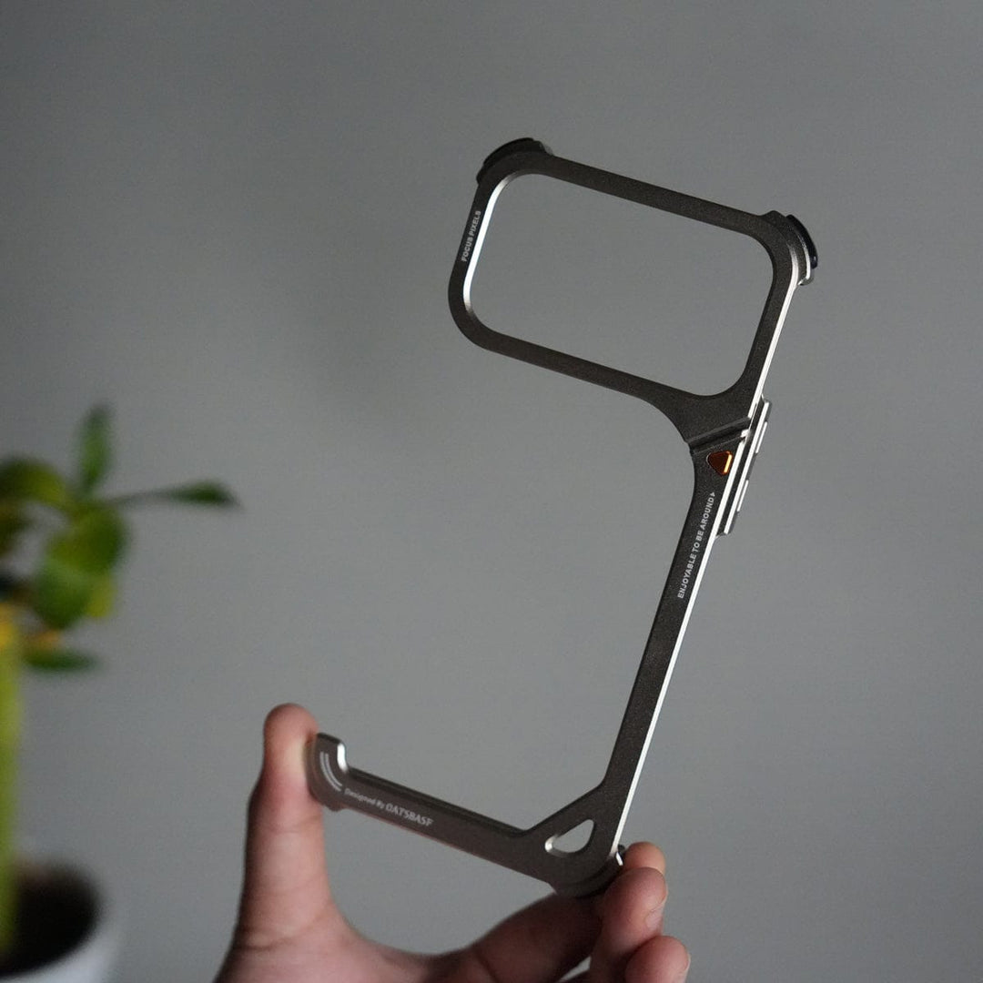 FRATO Aeroflex Metal iPhone 17 Pro max 9-Shaped Frameless Metal Bumper Case with Hidden Lens Stand | Shockproof Aviation-Grade Alloy Frame