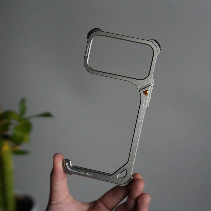 FRATO Aeroflex Metal iPhone 17 Pro max 9-Shaped Frameless Metal Bumper Case with Hidden Lens Stand | Shockproof Aviation-Grade Alloy Frame