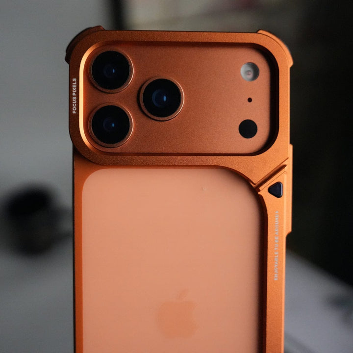 FRATO Aeroflex Metal iPhone 17 Pro max 9-Shaped Frameless Metal Bumper Case with Hidden Lens Stand | Shockproof Aviation-Grade Alloy Frame