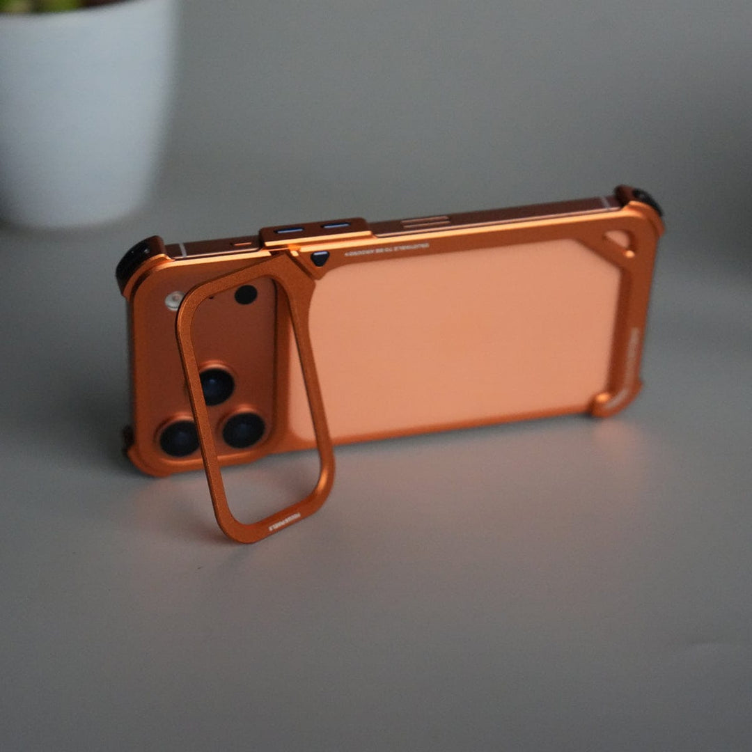 FRATO Aeroflex Metal iPhone 17 Pro max 9-Shaped Frameless Metal Bumper Case with Hidden Lens Stand | Shockproof Aviation-Grade Alloy Frame