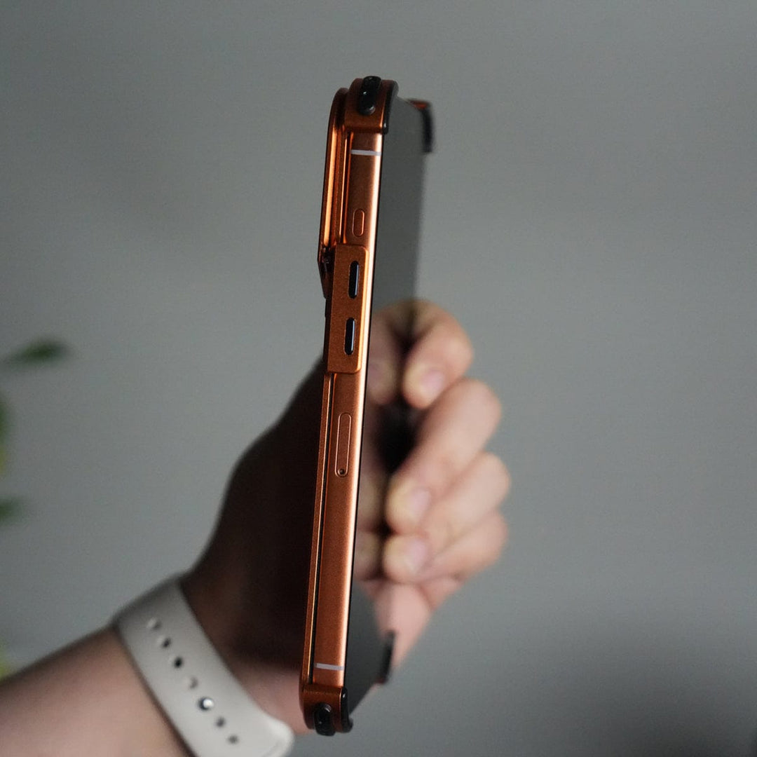 FRATO Aeroflex Metal iPhone 17 Pro max 9-Shaped Frameless Metal Bumper Case with Hidden Lens Stand | Shockproof Aviation-Grade Alloy Frame