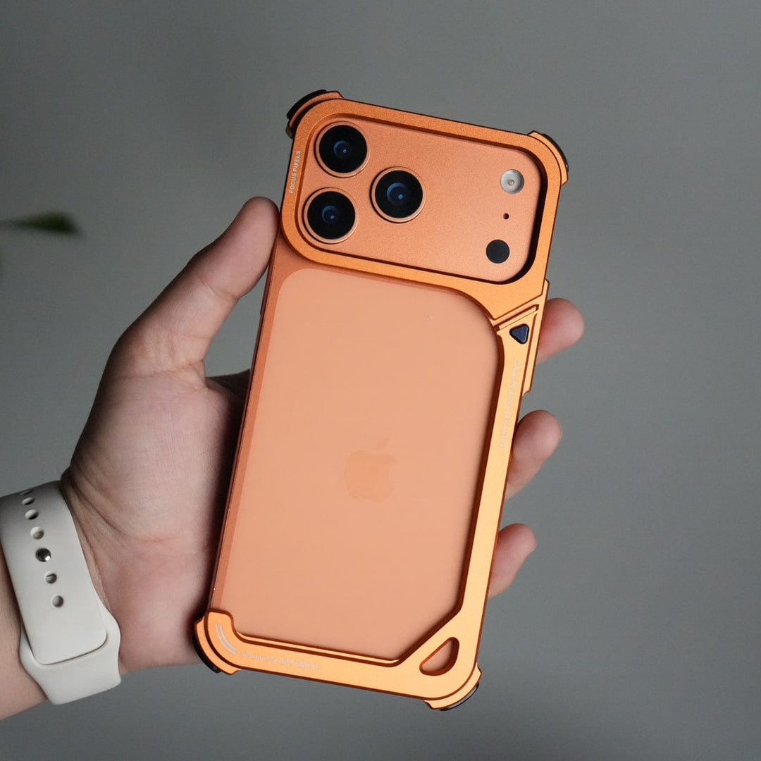 FRATO Aeroflex Metal iPhone 17 Pro max 9-Shaped Frameless Metal Bumper Case with Hidden Lens Stand | Shockproof Aviation-Grade Alloy Frame