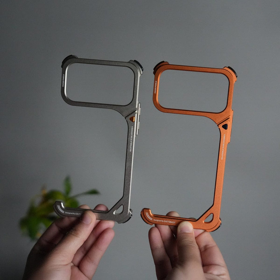 FRATO Aeroflex Metal iPhone 17 Pro max 9-Shaped Frameless Metal Bumper Case with Hidden Lens Stand | Shockproof Aviation-Grade Alloy Frame