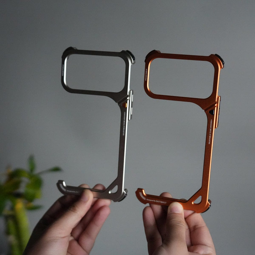 FRATO Aeroflex Metal iPhone 17 Pro max 9-Shaped Frameless Metal Bumper Case with Hidden Lens Stand | Shockproof Aviation-Grade Alloy Frame