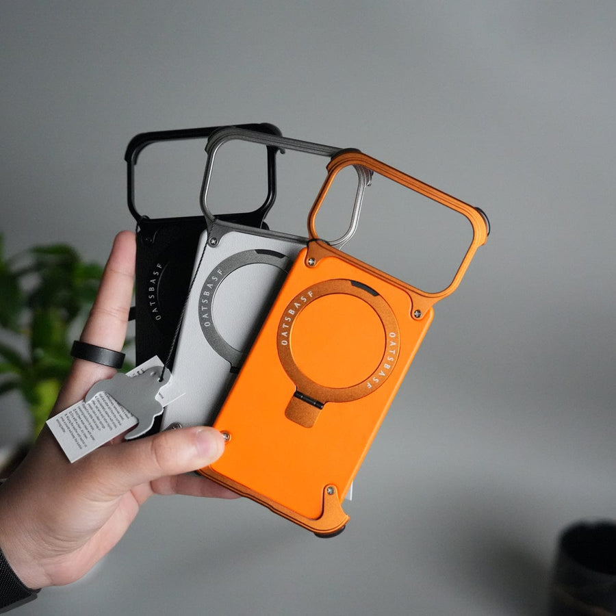 FRATO Aeroflex Metal iPhone 17 Pro Max Leather Frameless Metal Kickstand Case
