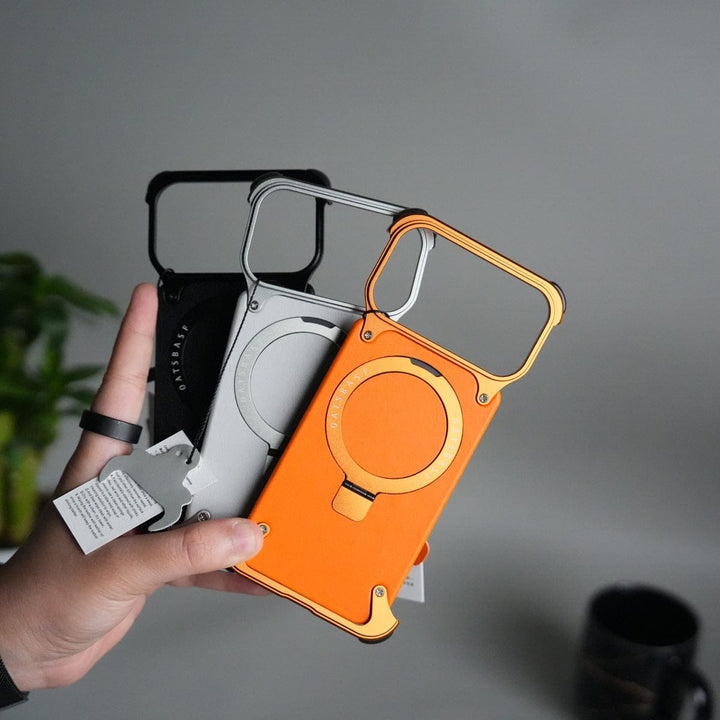 FRATO Aeroflex Metal iPhone 17 Pro Max Leather Frameless Metal Kickstand Case