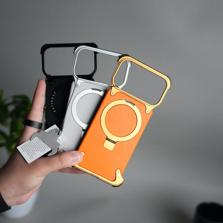 FRATO Aeroflex Metal iPhone 17 Pro Max Leather Frameless Metal Kickstand Case