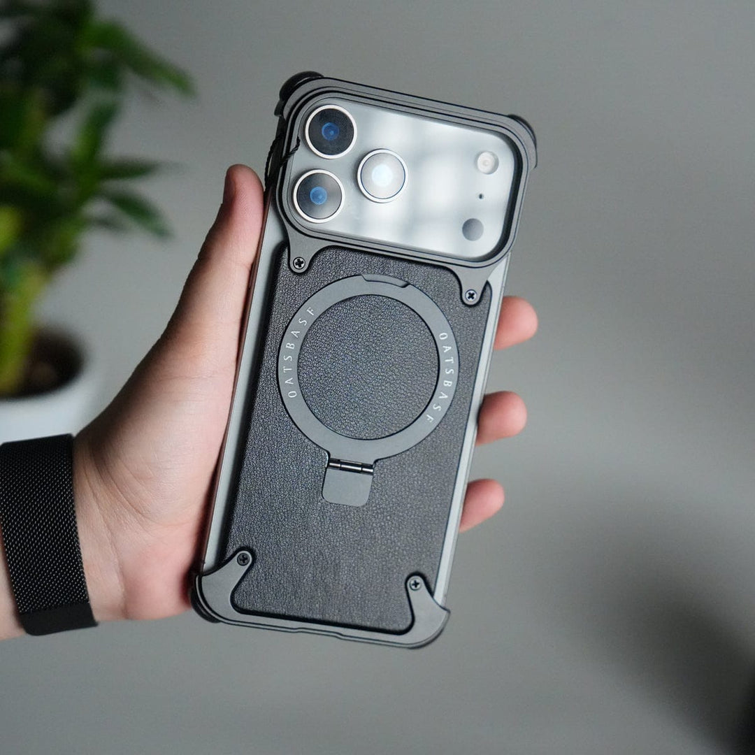 FRATO Aeroflex Metal iPhone 17 Pro Max Leather Frameless Metal Kickstand Case