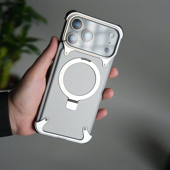 FRATO Aeroflex Metal iPhone 17 Pro Max Leather Frameless Metal Kickstand Case