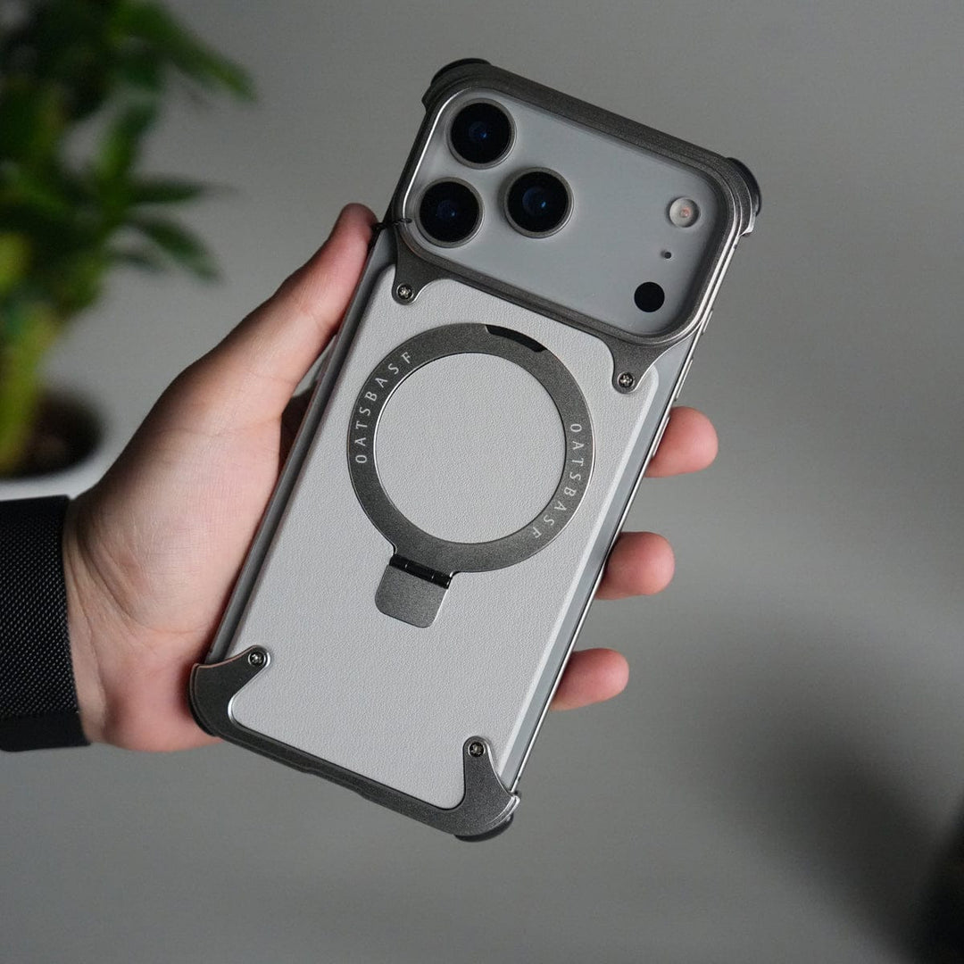 FRATO Aeroflex Metal iPhone 17 Pro Max Leather Frameless Metal Kickstand Case