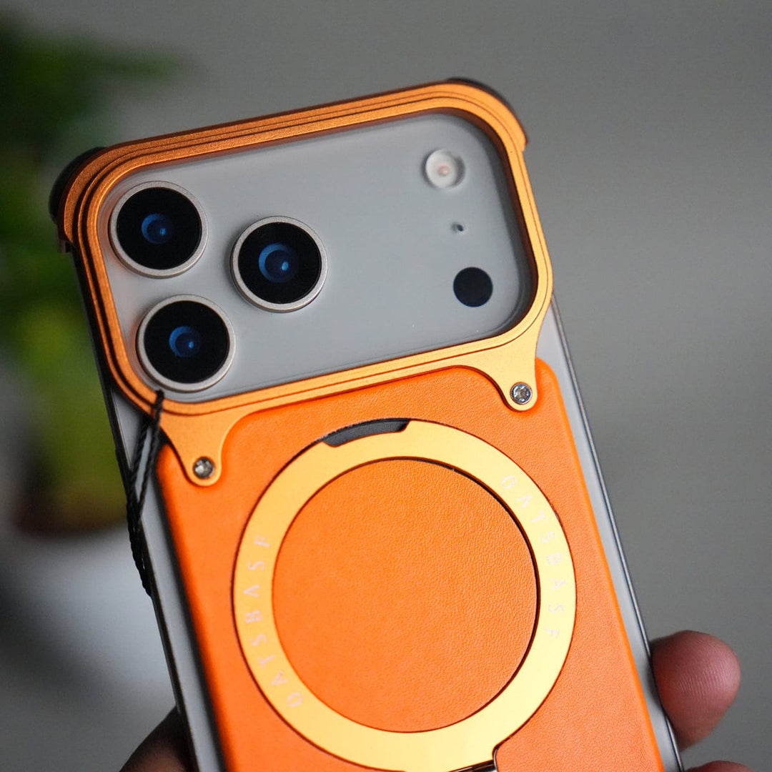 FRATO Aeroflex Metal iPhone 17 Pro Max Leather Frameless Metal Kickstand Case